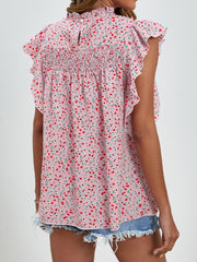 Ruffled Ditsy Floral Mock Neck Cap Sleeve Blouse - Trendsi
