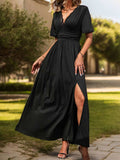 Lace Detail Slit V-Neck Short Sleeve Dress - Trendsi - Flyclothing LLC