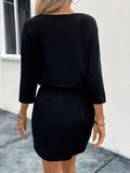 Pocketed Round Neck Three-Quarter Sleeve Dress - Trendsi
