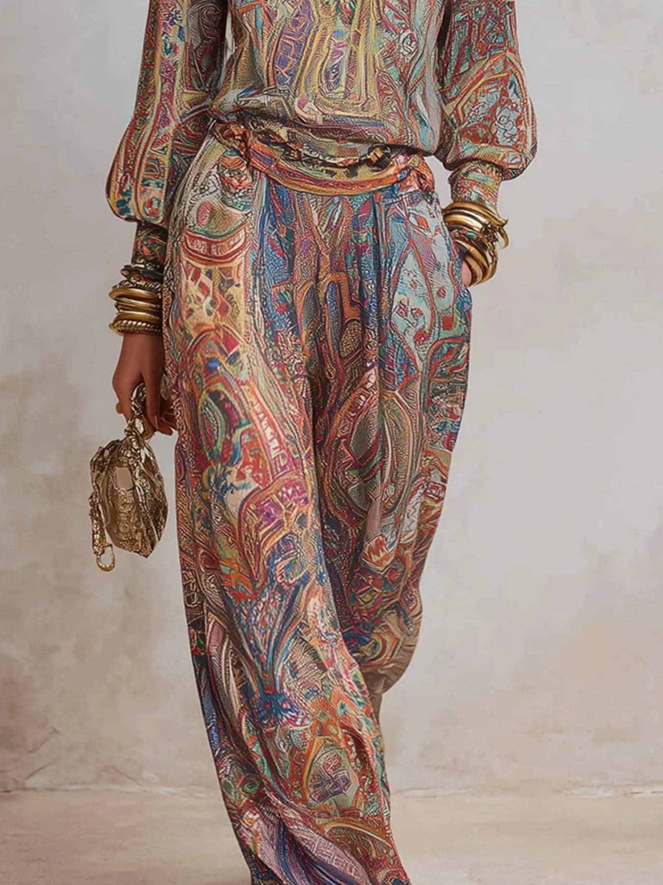 Paisley Print Long Sleeve Top and Pants Set - Trendsi - Flyclothing LLC