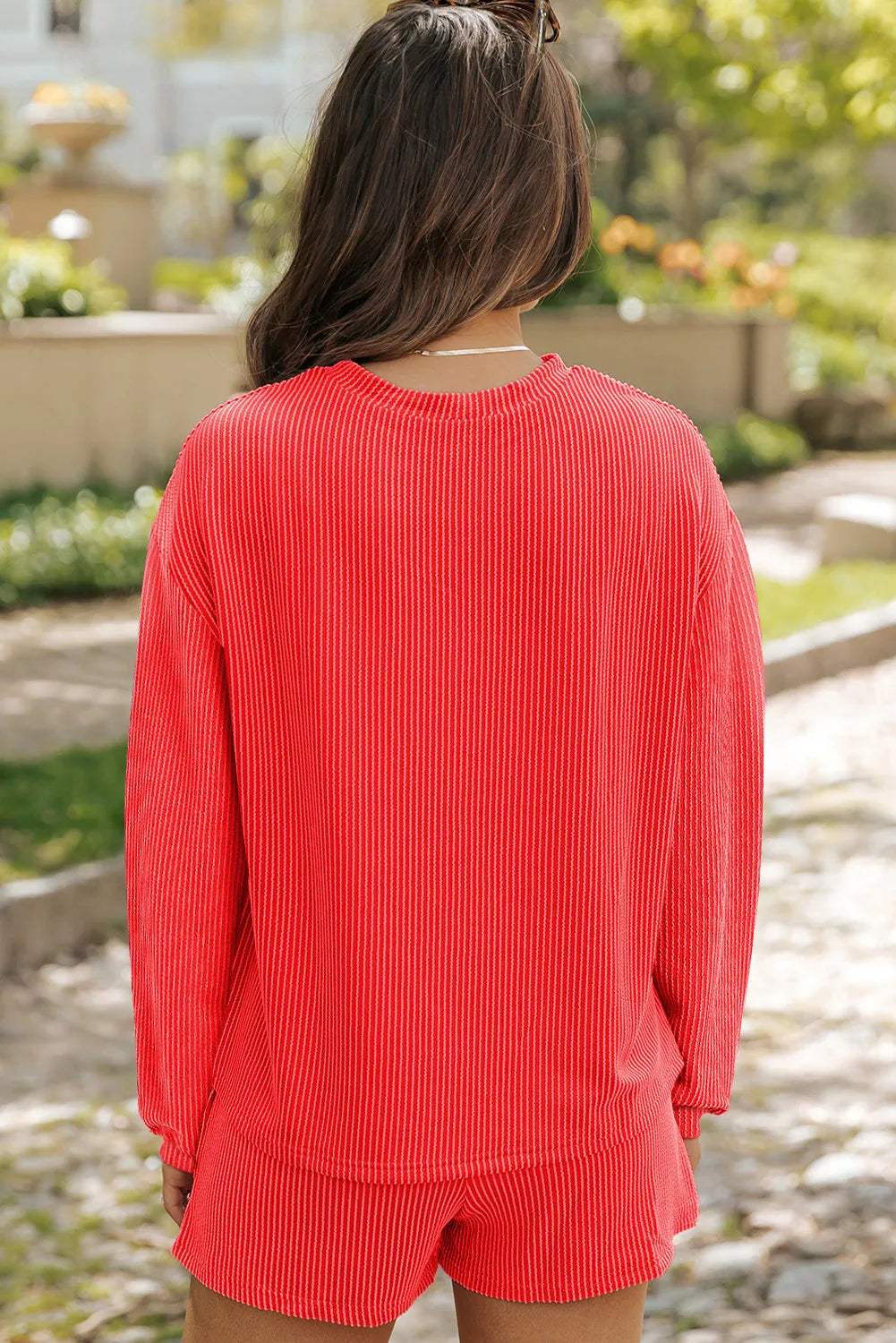 Round Neck Long Sleeve Top and Shorts Set - Trendsi - Flyclothing LLC