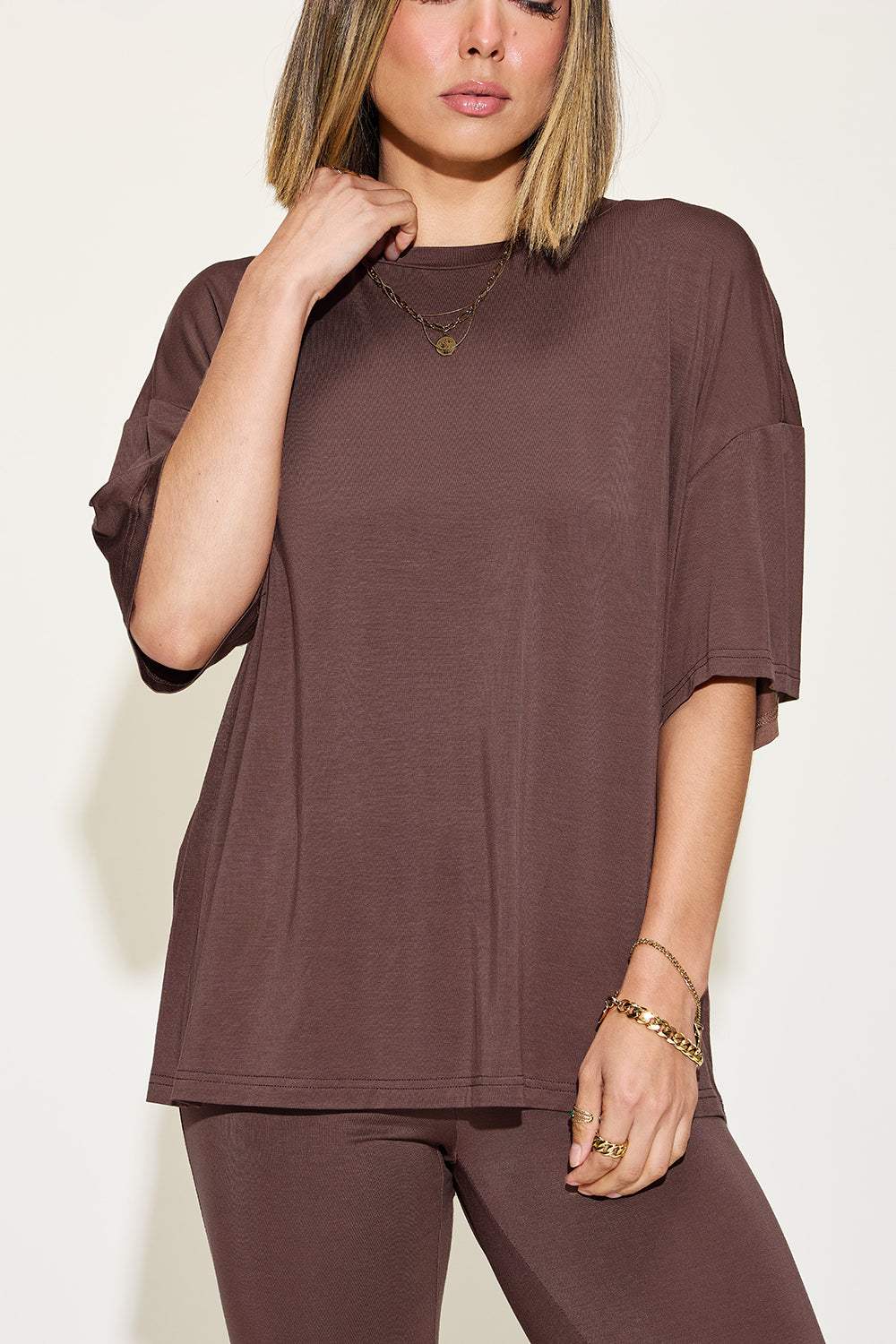 Basic Bae Full Size Bamboo Drop Shoulder T-Shirt and Flare Pants Set - Trendsi - Flyclothing LLC