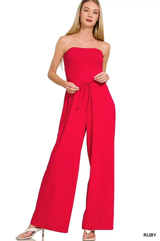 Zenana Tube Top Jumpsuit with Drawstring Waist - Trendsi - Flyclothing LLC