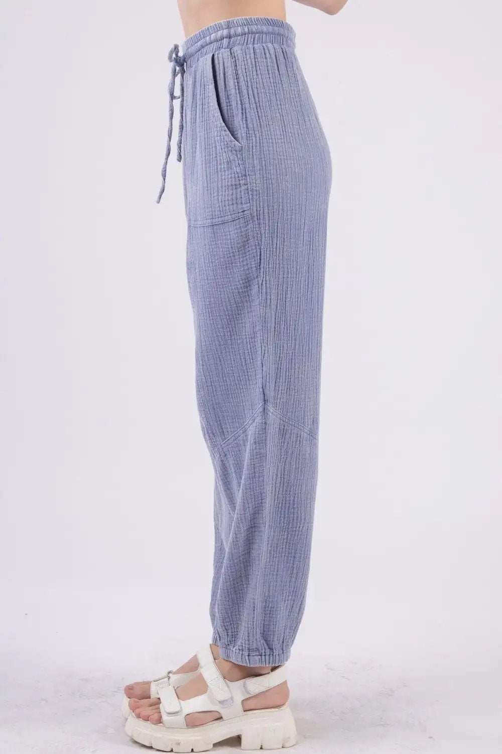 VERY J Washed Woven Crinkle Gauze Drawstring Cargo Pants - Trendsi - Flyclothing LLC
