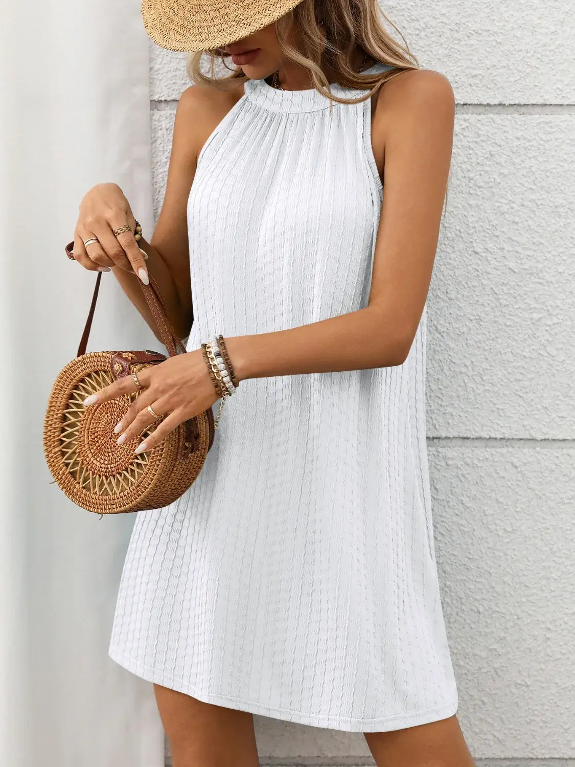 Textured Grecian Neck Mini Dress - Trendsi - Flyclothing LLC
