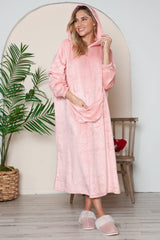 Double Take Full Size Pocketed Hooded Midi Lounge Dress - Trendsi