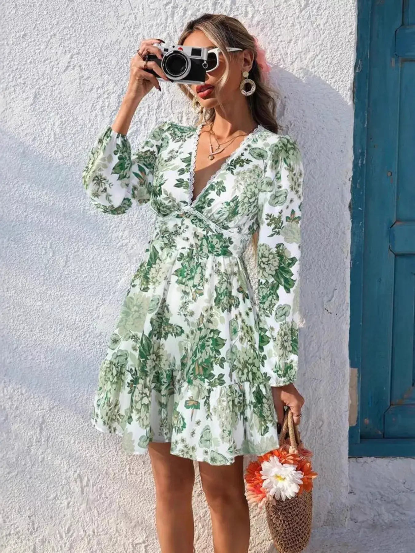 Full Size Floral Print V-Neck Long Sleeve Ruffle Hem Mini Dress Plus Size - Trendsi - Flyclothing LLC