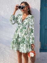 Full Size Floral Print V-Neck Long Sleeve Ruffle Hem Mini Dress Plus Size - Trendsi - Flyclothing LLC