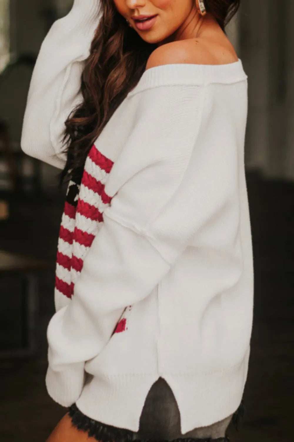 US Flag Side Slit Drop Shoulder Sweater - Trendsi - Flyclothing LLC