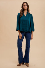Annie Wear Satin Notched Three-Quarter Sleeve Blouse - Trendsi