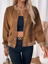 Perfee Baseball Collar Snap Down Long Sleeve Jacket - Trendsi - Flyclothing LLC
