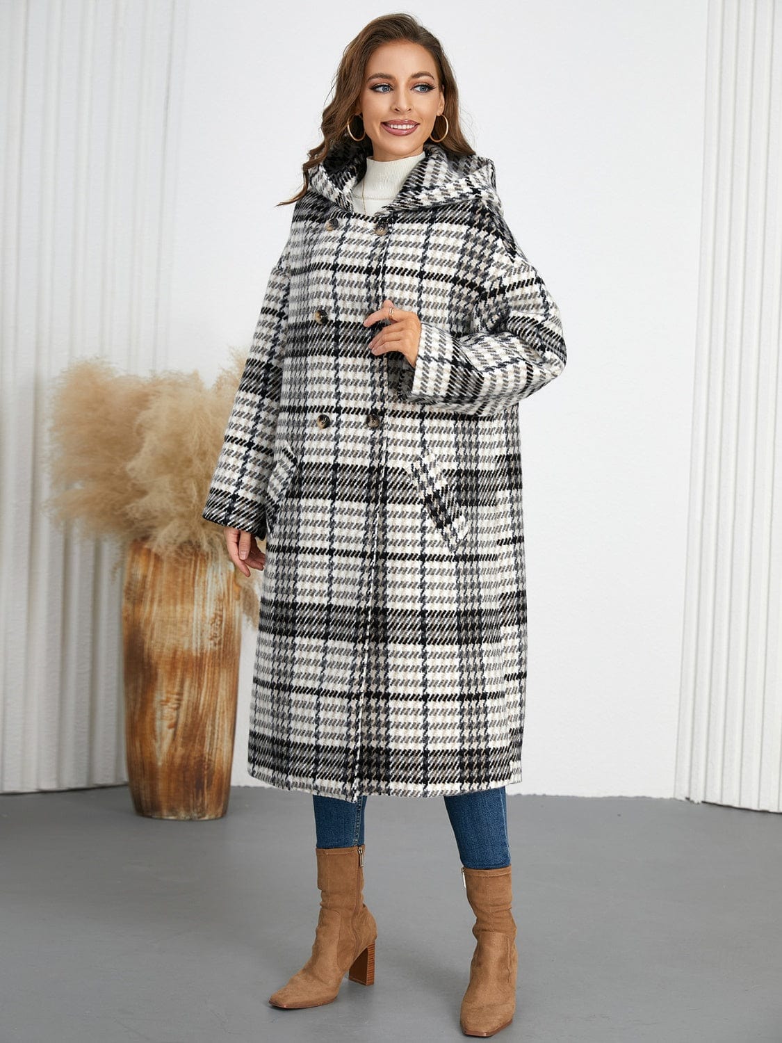 Plaid Double-Breasted Long Sleeve Longline Coat - Trendsi