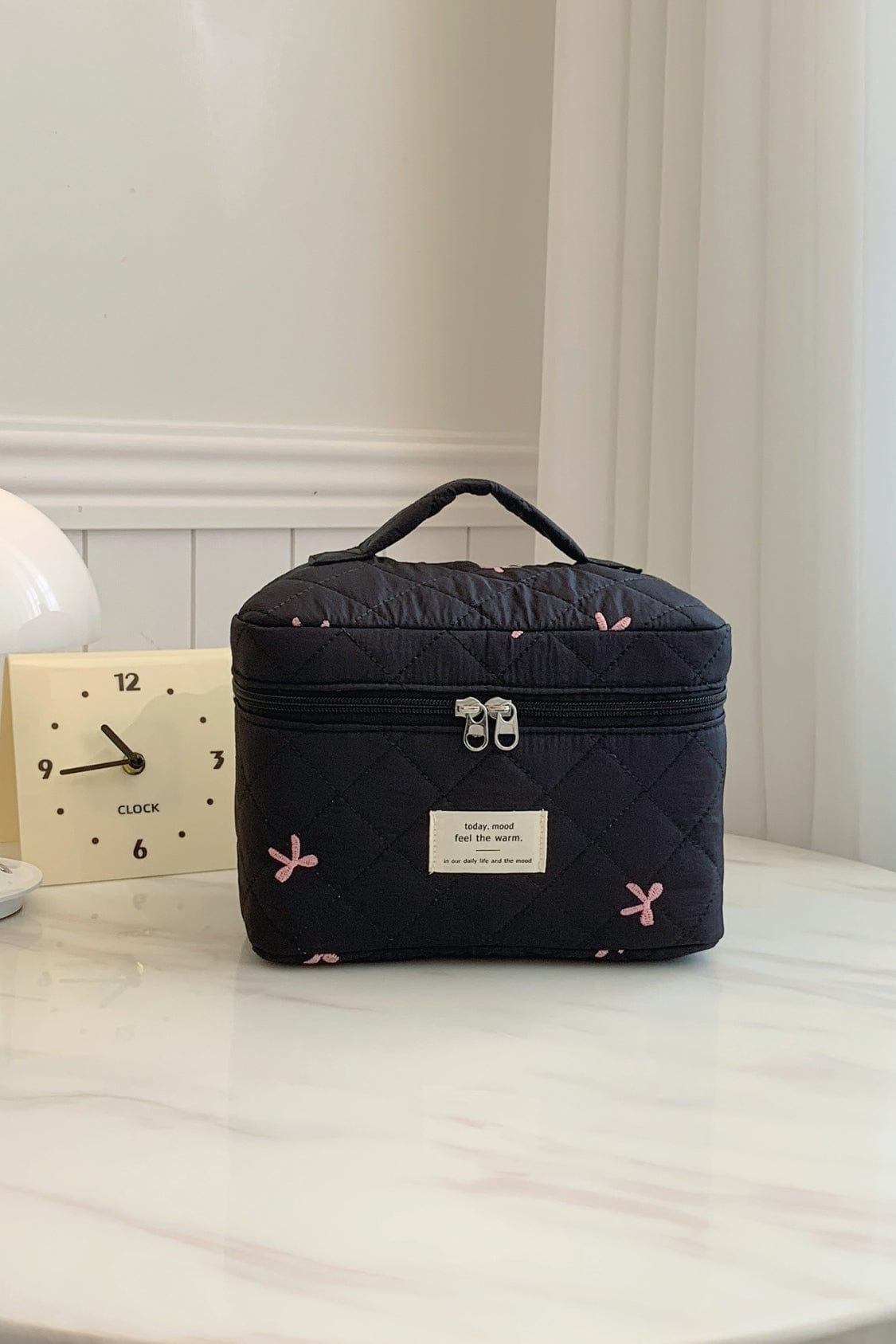 Bow Embroidered Quilted Storage Bag with Zip - Trendsi