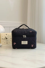 Bow Embroidered Quilted Storage Bag with Zip - Trendsi