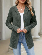 Ribbed Knit Hooded Button-Down Cardigan - Trendsi - Flyclothing LLC