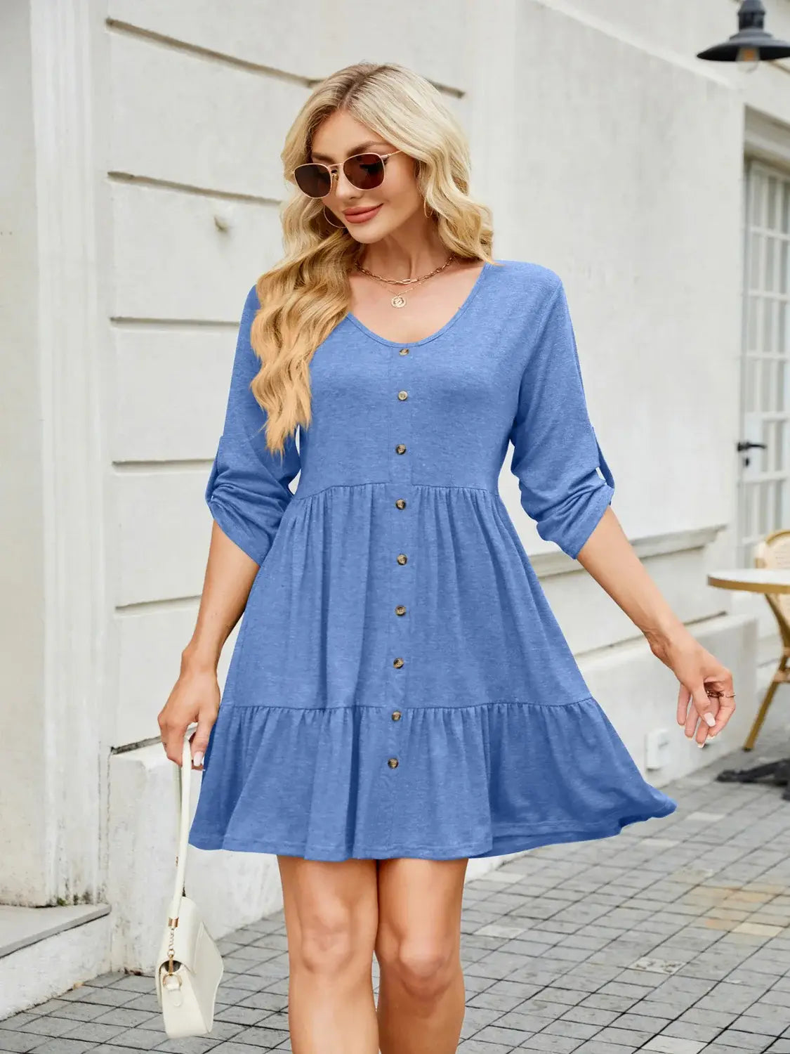 Tiered Ruched V-Neck Mini Dress - Trendsi - Flyclothing LLC