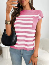 Striped Mock Neck Cap Sleeve Knit Top - Trendsi - Flyclothing LLC