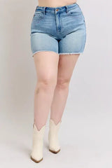 Judy Blue Full Size High Waist Western Embroidery Detail Cut Off Denim Shorts Plus Size - Trendsi - Flyclothing LLC