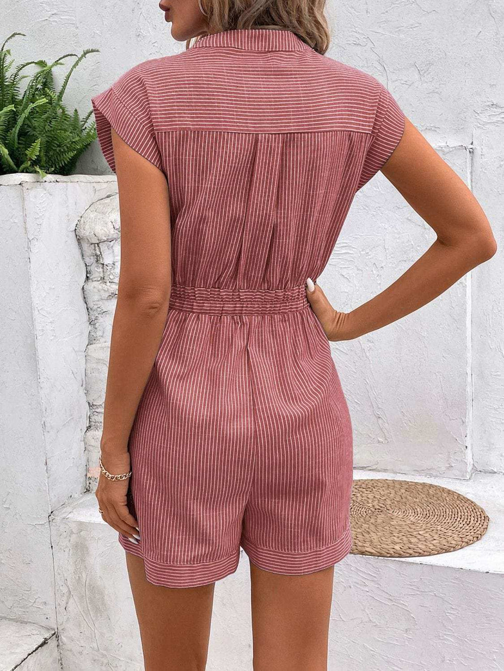 Striped Notched Tie Waist Romper - Trendsi - Flyclothing LLC