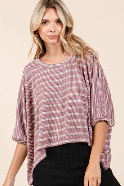Mittoshop Texture Striped Print Round Neck Dolman Sleeve Top - Trendsi - Flyclothing LLC