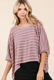 Mittoshop Texture Striped Print Round Neck Dolman Sleeve Top - Trendsi