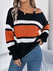 Color Block Asymmetrical Neck Long Sleeve Sweater - Trendsi