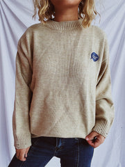 Embroidered Round Neck Dropped Shoulder Sweater - Trendsi