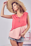 BiBi Color Block Contrast Stitching Buttoned Henley Top - Trendsi