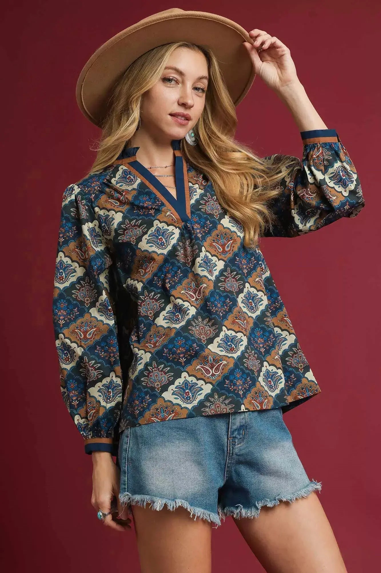 Umgee Abstract Print Ruffle Neck Top - Trendsi - Flyclothing LLC