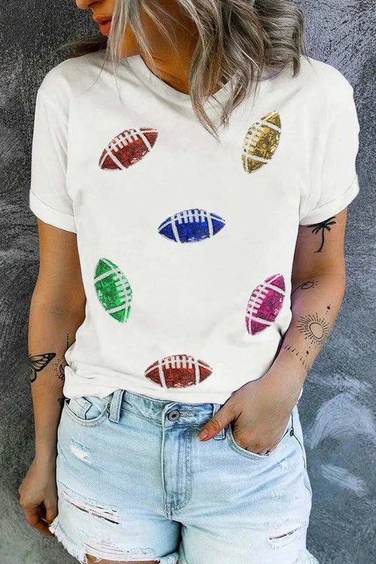 Sequin Football Round Neck Short Sleeve T-Shirt - Trendsi - Flyclothing LLC