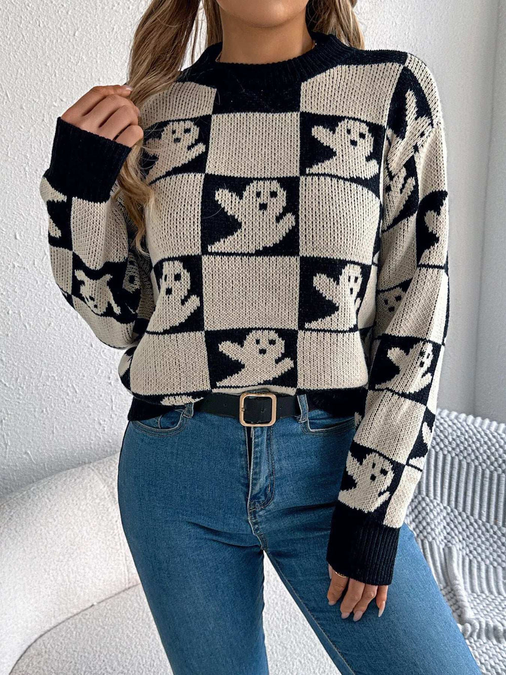 Halloween Ghost Pattern Checkered Round Neck Sweater - Trendsi - Flyclothing LLC