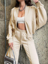 Baseball Collar Zip Up Top and Drawstring Paants Set - Trendsi - Flyclothing LLC