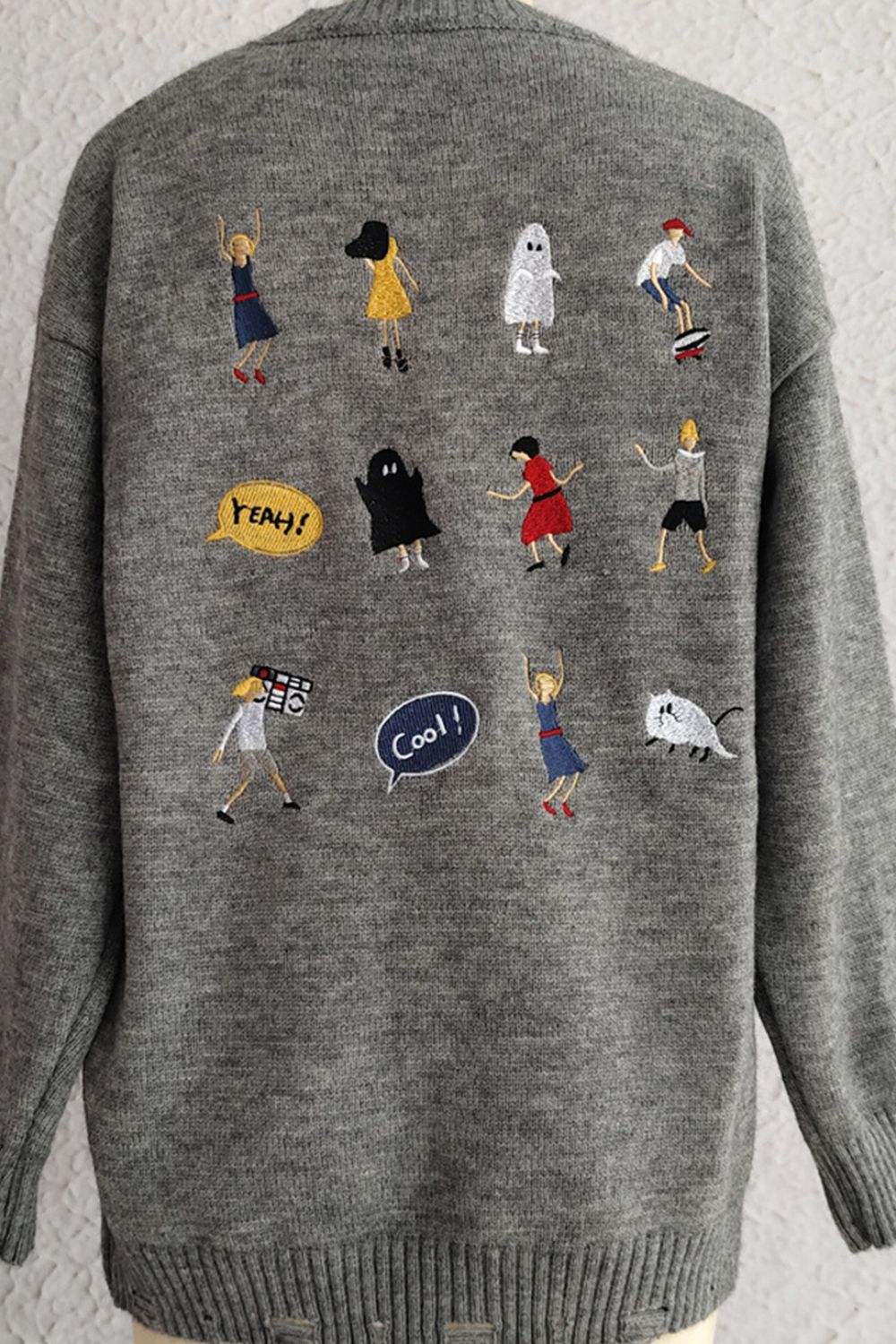 Embroidered Round Neck Dropped Shoulder Sweater - Trendsi - Flyclothing LLC