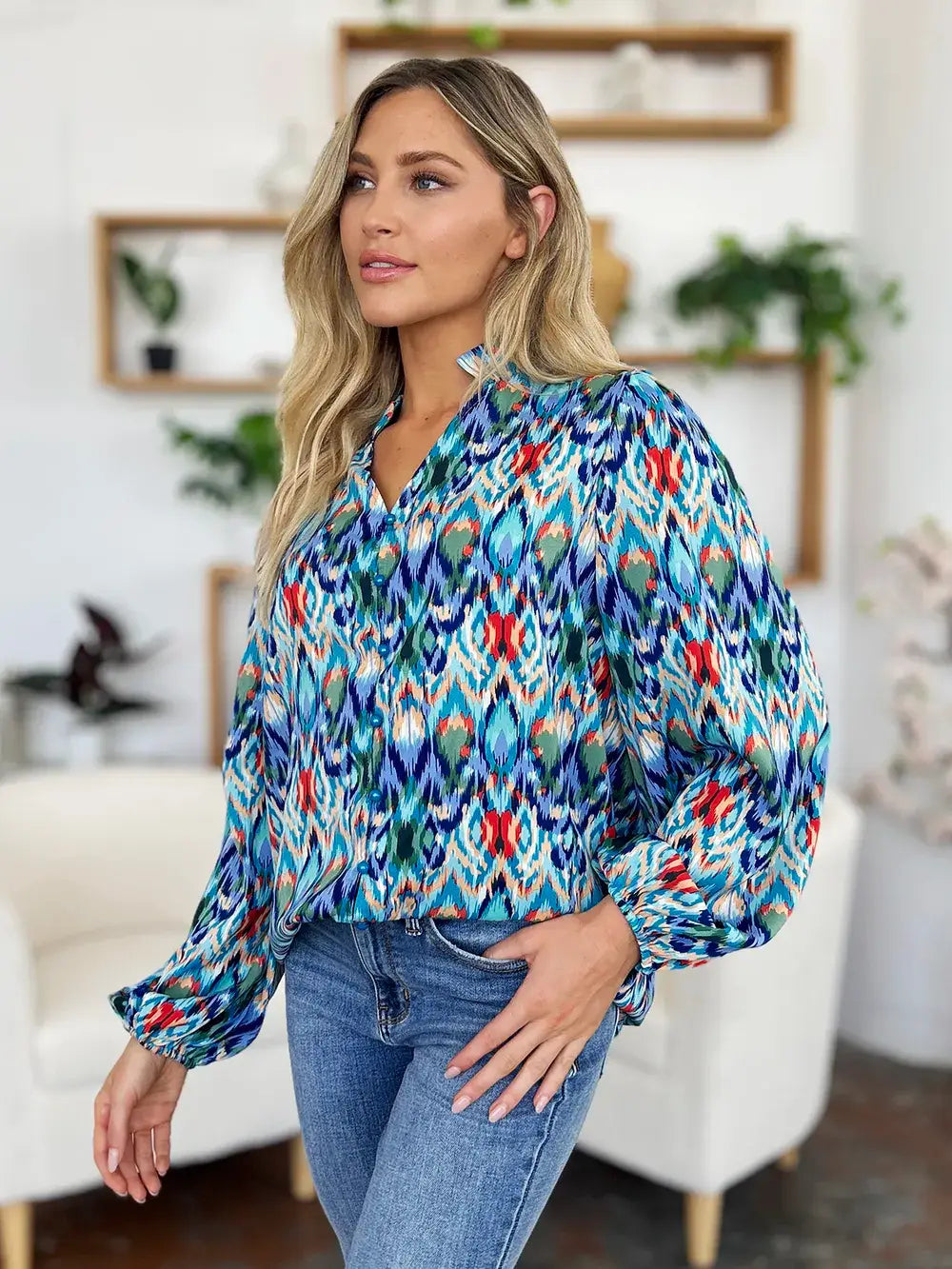 Double Take Full Size Printed Balloon Sleeve Blouse - Trendsi - Flyclothing LLC