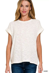 Zenana Hacci Slub Rolled Up Sleeve Tee - Trendsi - Flyclothing LLC