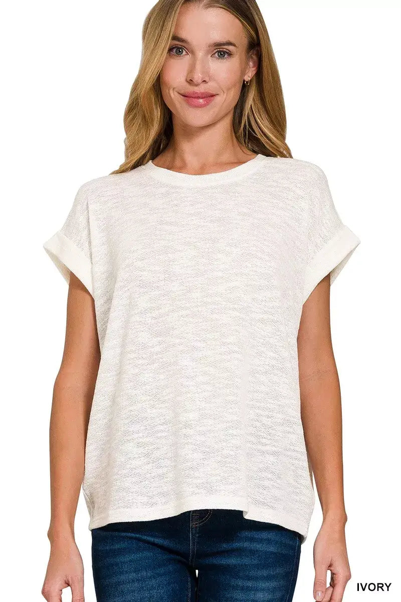 Zenana Hacci Slub Rolled Up Sleeve Tee - Trendsi - Flyclothing LLC