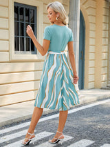 Printed Tie Waist Short Sleeve Dress - Trendsi - Flyclothing LLC