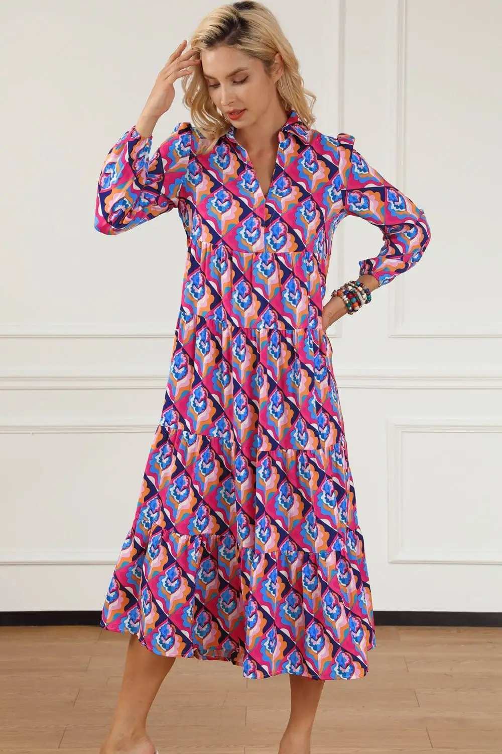 Printed Collared Neck Long Sleeve Midi Dress - Trendsi - Flyclothing LLC