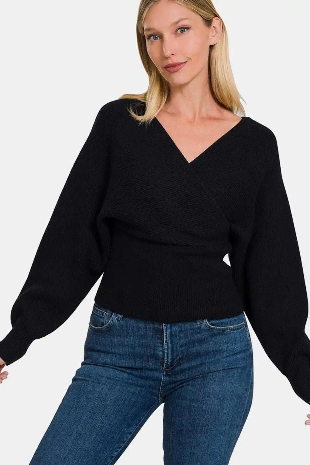 Zenana Cross Wrap Rib Long Sleeve Sweater - Trendsi - Flyclothing LLC