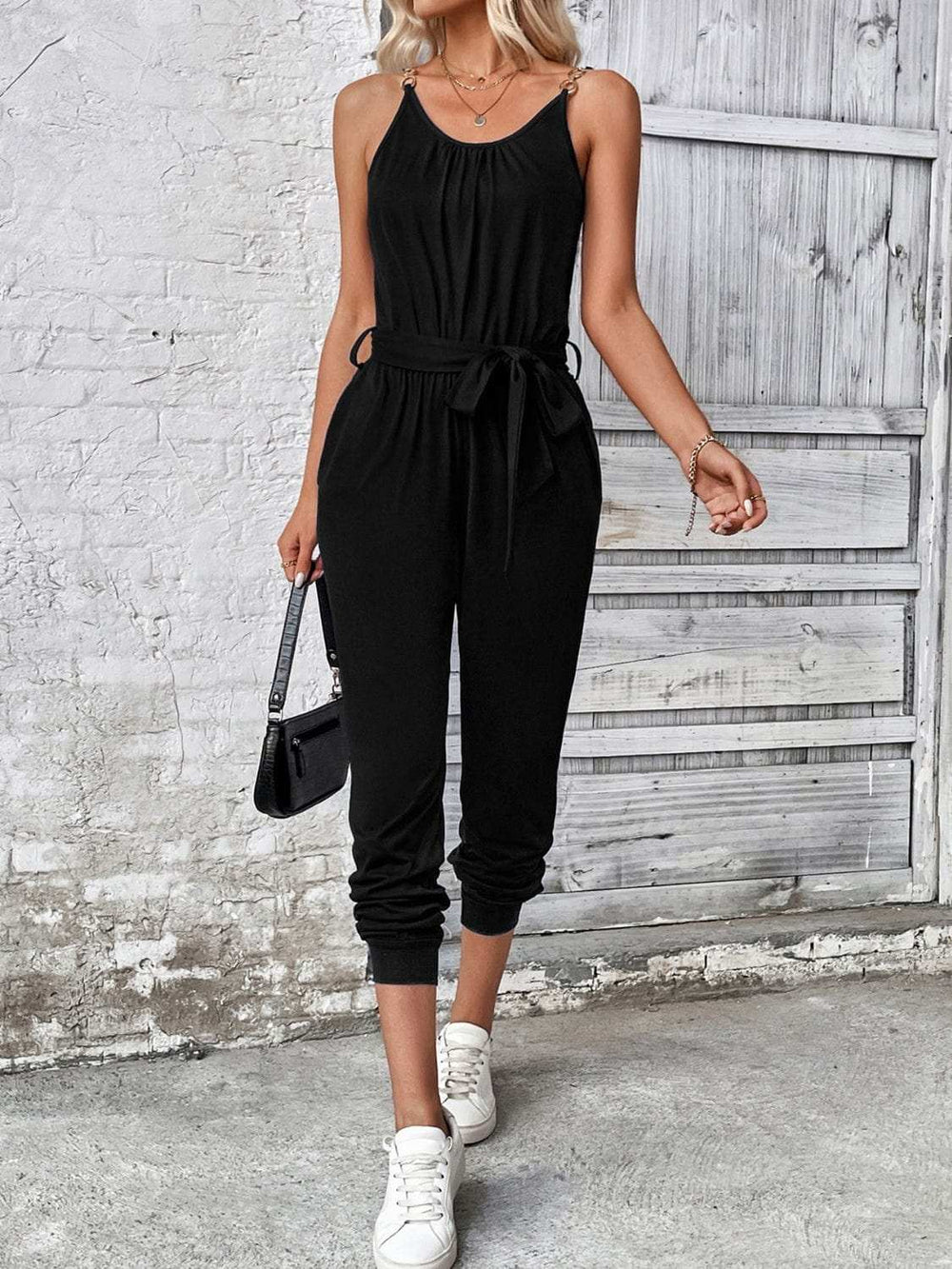 Scoop Neck Tie Waist Jumpsuit - Trendsi - Flyclothing LLC