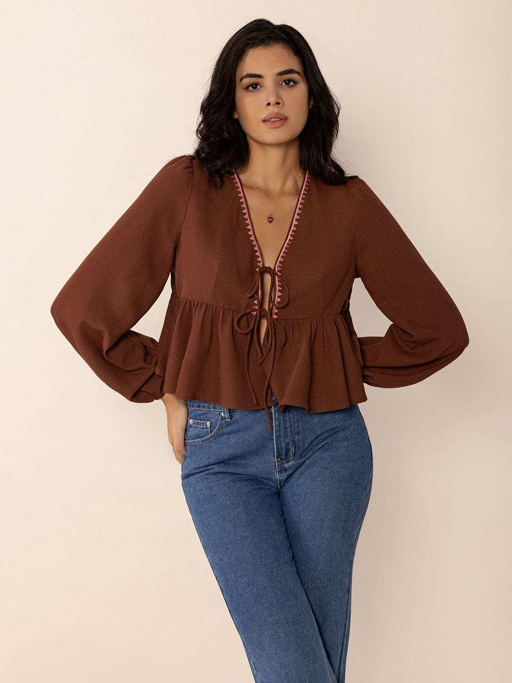 Peplum Tied V-Neck Long Sleeve Blouse - Trendsi - Flyclothing LLC