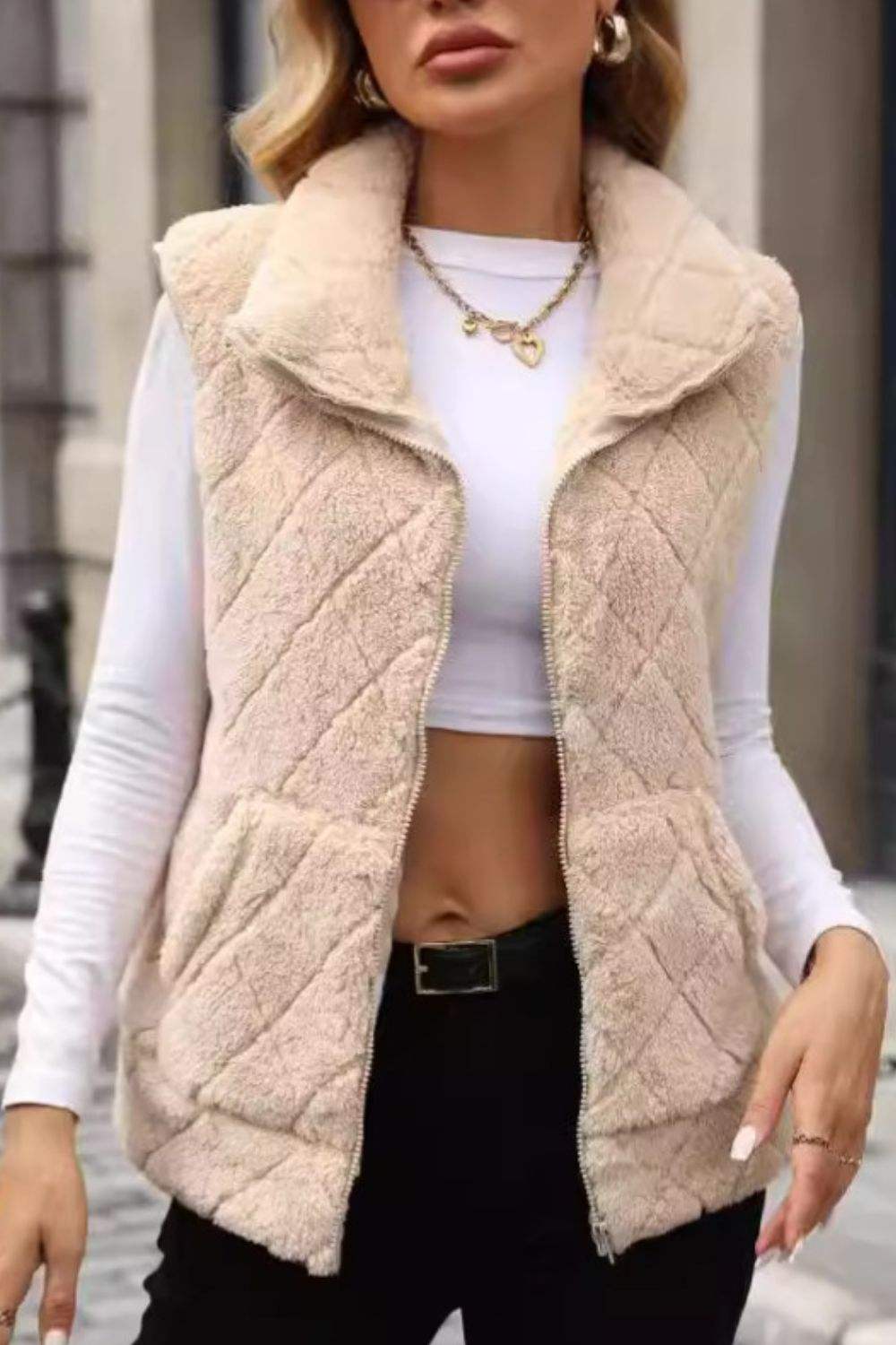 Fuzzy Plaid Texture Zip Up Vest Coat - Trendsi - Flyclothing LLC