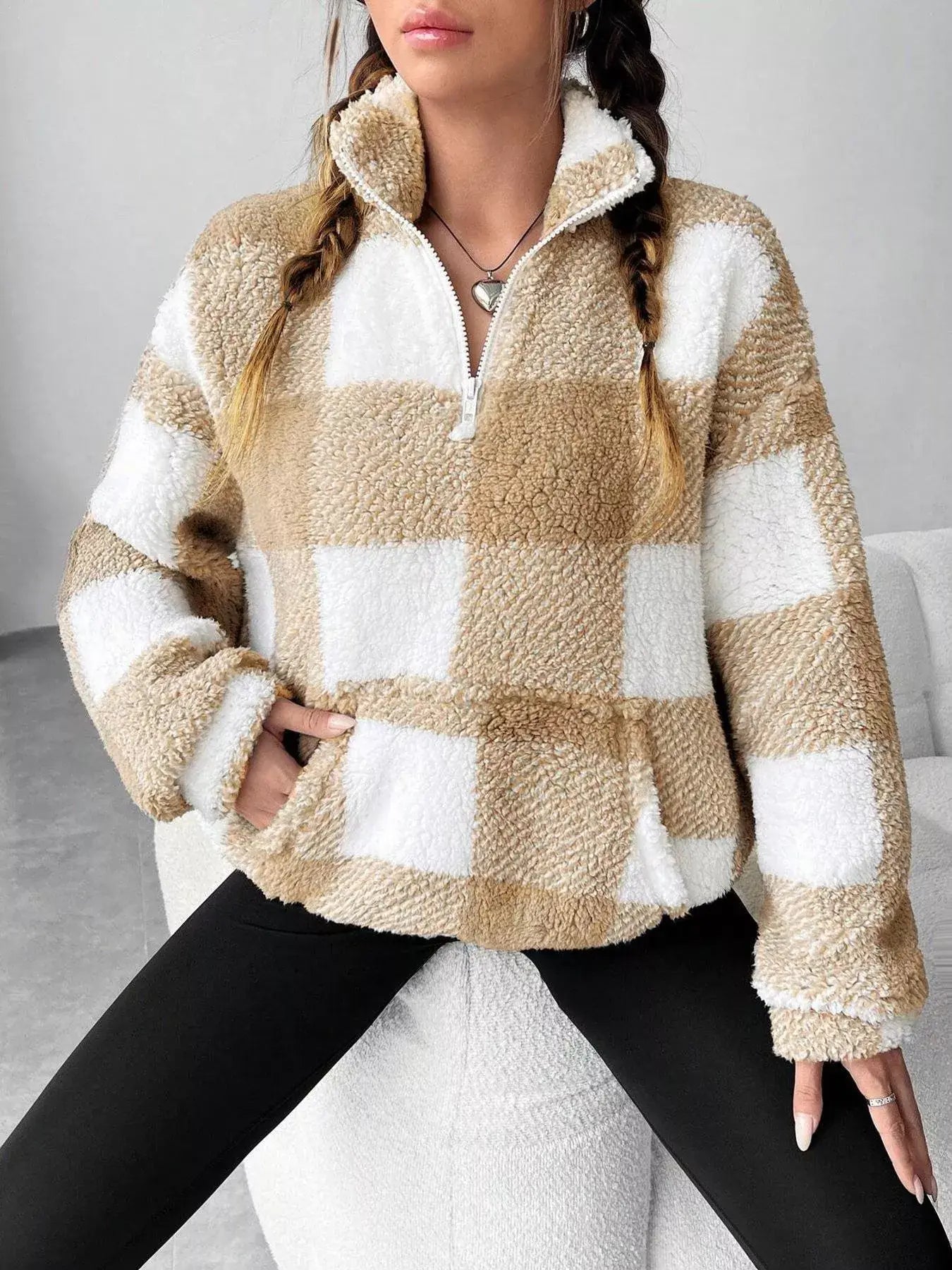 Full Size Plaid Sherpa Long Sleeve Sweatshirt Plus Size - Trendsi - Flyclothing LLC
