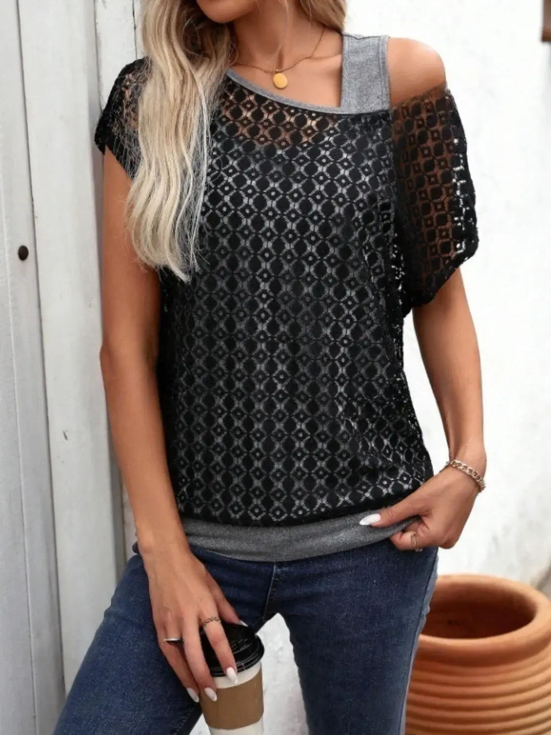 Lace Short Sleeve Fake Two Piece T-Shirt - Trendsi - Flyclothing LLC
