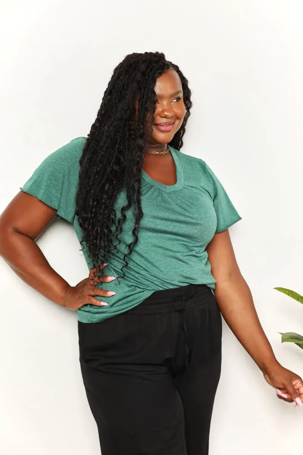 Double Take Ruched V-Neck Short Sleeve T-Shirt - Trendsi - Flyclothing LLC
