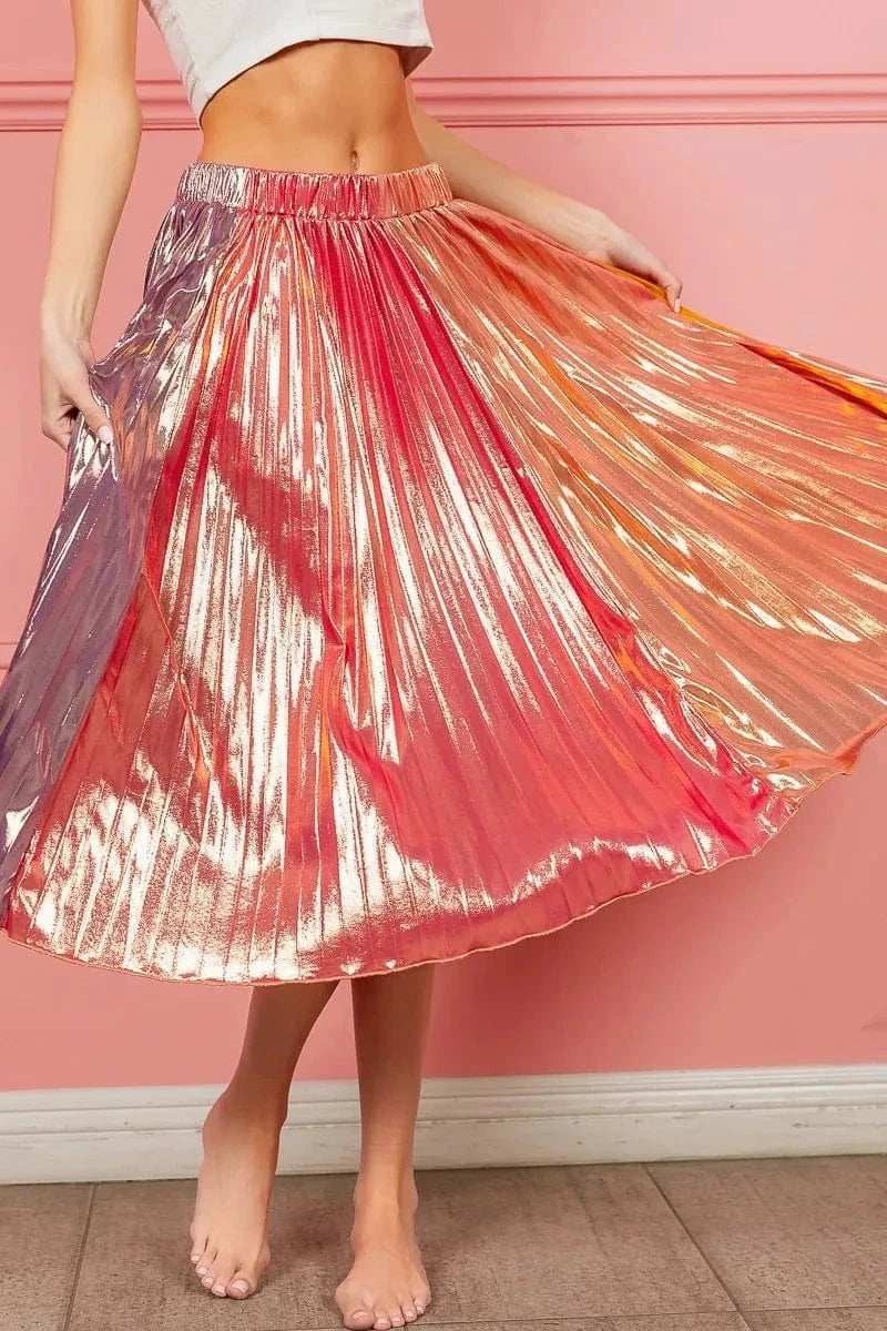 BiBi Metallic Color Block Pleats Midi Skirt - Trendsi - Flyclothing LLC