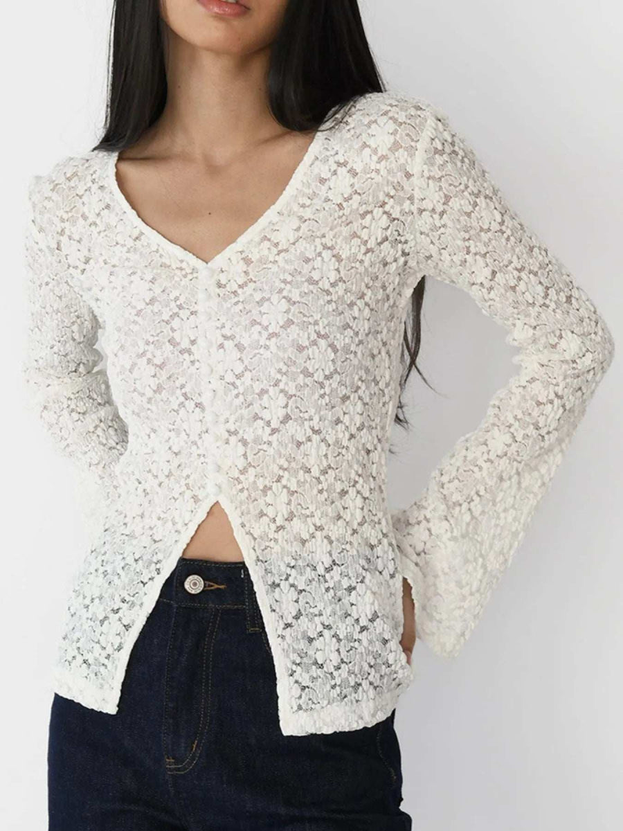 Lace V-Neck Flare Sleeve T-Shirt - Trendsi - Flyclothing LLC