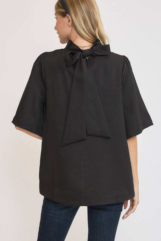 Umgee Bow Tie Back Mock Neck Half Sleeve Blouse - Trendsi - Flyclothing LLC