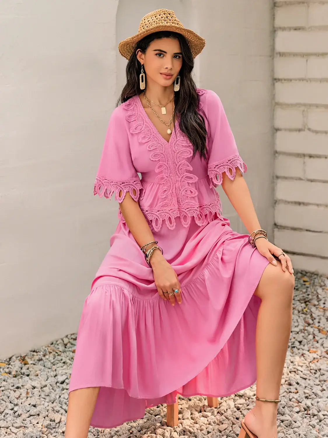 Lace Detail V-Neck Half Sleeve Midi Dress - Trendsi - Flyclothing LLC