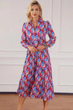 Printed Collared Neck Long Sleeve Midi Dress - Trendsi - Flyclothing LLC